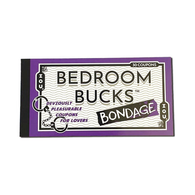 Bedroom Bondage Bucks coupon book with 30 playful IOUs for couples, featuring a purple and black cover design.