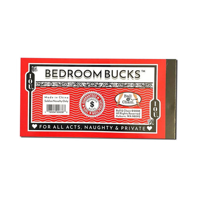 Red and white Bedroom Bucks 30 Coupon Book with playful IOU design for intimate and private acts.