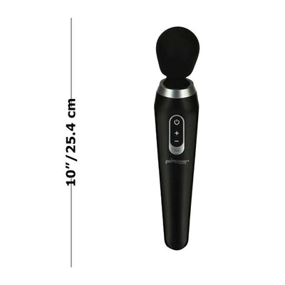 Black Palm Power Extreme body massager with silicone head and control buttons, measuring 10 inches long.