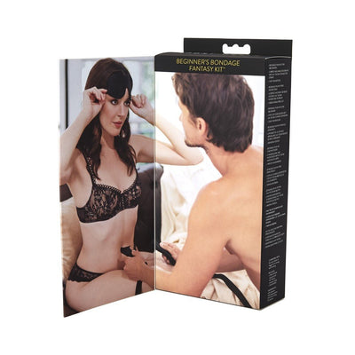 Packaging of Beginner's Bondage Fantasy Kit featuring a couple with the woman wearing a black lace bra and blindfold.
