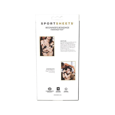 Back packaging of Beginner's Bondage Fantasy Kit by Sportsheets with usage instructions and product images.