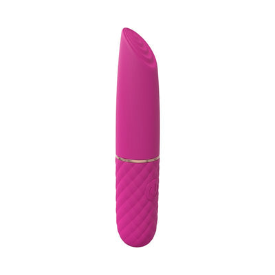 Pink silicone mini lipstick vibrator with textured grip and angled tip, rechargeable and waterproof design.