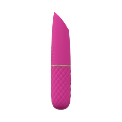 Pink silicone mini lipstick-shaped vibrator with textured grip and angled tip, rechargeable and waterproof design.