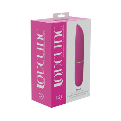 Pink rechargeable silicone mini-lipstick vibrator with 10 speed settings in branded Loveline packaging.