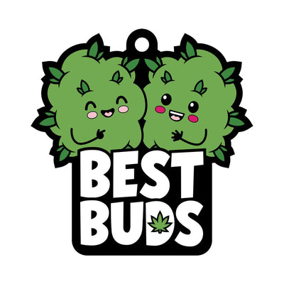 Cartoon-style Best Buds Air Freshener with two smiling green buds and bold white text on black background.