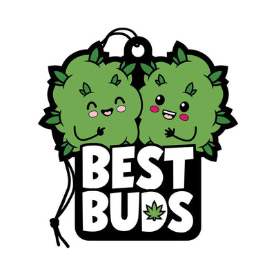 Best Buds Air Freshener with two smiling green cartoon buds and bold white text on a black background.