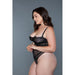 Plus size woman wearing black lace and micromesh BeWicked Cameryn Bodysuit with adjustable straps against gray background.