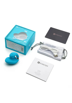 Emojibator Queeni finger vibrator in blue with packaging, USB charging cable, storage pouch, and instruction booklet.