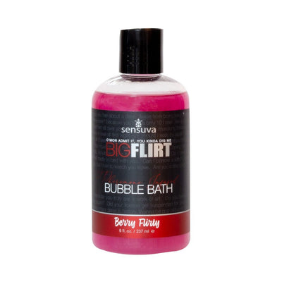 Bottle of Sensuva Big Flirt pheromone-infused bubble bath in Berry Flirty scent, 8 fl oz with black label and pink liquid.