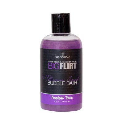 Sensuva Big Flirt Tropical Tease pheromone-infused bubble bath in a purple 8 fl. oz. bottle with black flip cap.