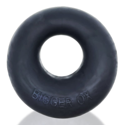 Black thick silicone TPR cockring with embossed Bigger Ox branding, designed for comfort and secure fit.