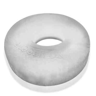 Clear white thick silicone cockring with a smooth, padded donut shape and subtle embossed branding.