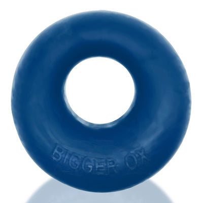 Blue thick silicone TPR cockring with embossed Bigger Ox branding on surface.