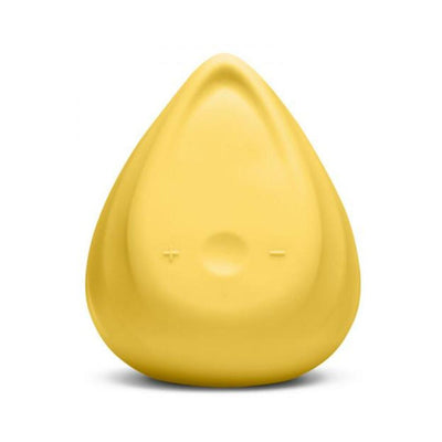 Yellow Biird Evii personal massager with ergonomic teardrop shape and plus minus control buttons.