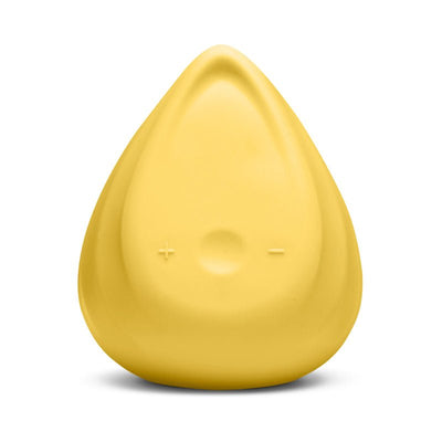 Yellow triangular Biird Evii personal massager with plus and minus control buttons on smooth silicone surface.