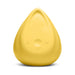 Yellow triangular Biird Evii personal massager with plus and minus control buttons on smooth silicone surface.