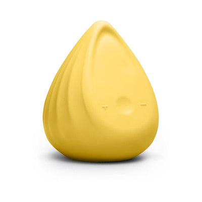 Yellow teardrop-shaped Biird Evii personal massager with smooth silicone surface and control buttons.
