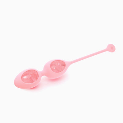 Pink silicone kegel exerciser with two rose quartz stones embedded inside each egg-shaped section.