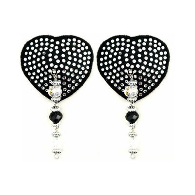 Black heart-shaped pasties adorned with silver crystals and dangling black and clear beads.