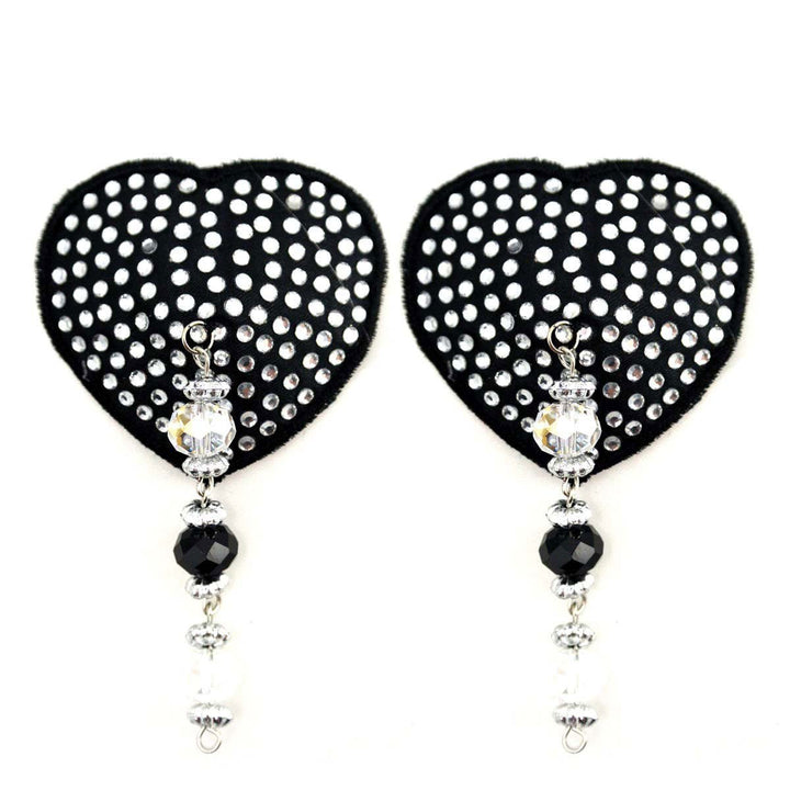 Black heart-shaped pasties adorned with silver crystals and dangling black and clear beads.