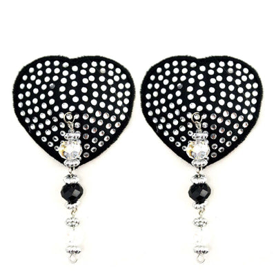 Black heart-shaped pasties adorned with silver crystals and dangling black and clear beads.
