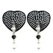 Black heart-shaped pasties adorned with silver crystals and dangling black and clear beads.