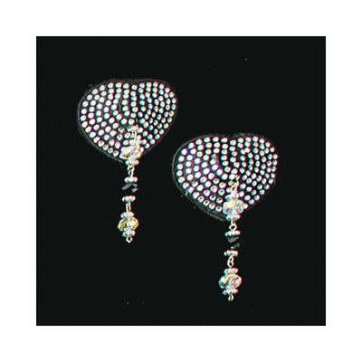 Black heart-shaped pasties adorned with sparkling crystals and dangling bead accents on a black background.