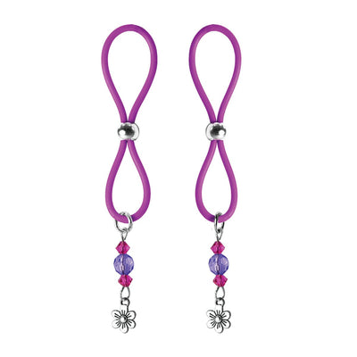 Pair of purple silicone nipple halos with adjustable silver bead and dangling flower charm with purple and pink beads