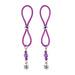 Pair of purple silicone nipple halos with adjustable silver bead and dangling flower charm with purple and pink beads