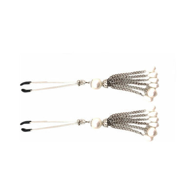 Pair of chrome-plated tweezer clamps with large faux pearls and cascading silver chain tassels with pearl drops.