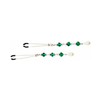 Pair of chrome tweezer clamps decorated with green faceted beads and pearl teardrop accents.