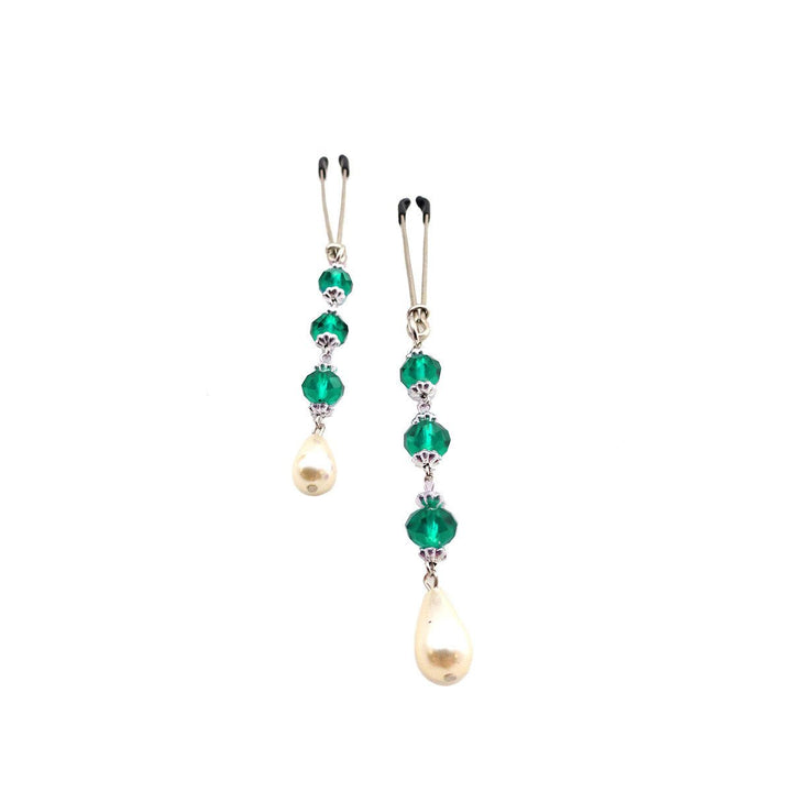 Pair of decorative tweezer clamps featuring turquoise faceted beads and teardrop pearl accents