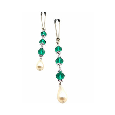 Pair of decorative tweezer clamps featuring turquoise faceted beads and teardrop pearl accents on elastic loops.