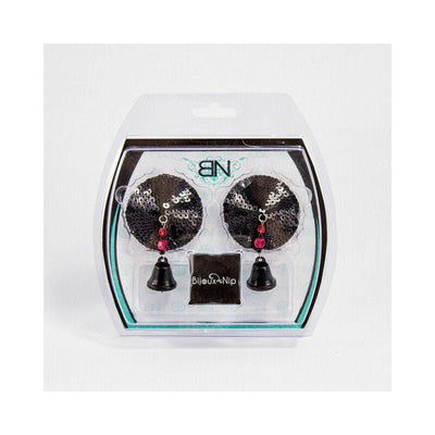Pair of round black sequin pasties with small dangling bells, packaged in a clear clamshell case.