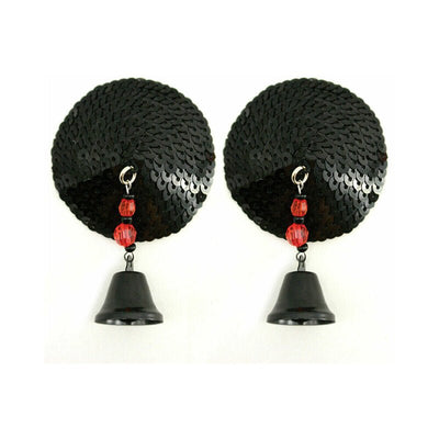 Pair of round black sequin pasties with dangling black bells and red bead accents.