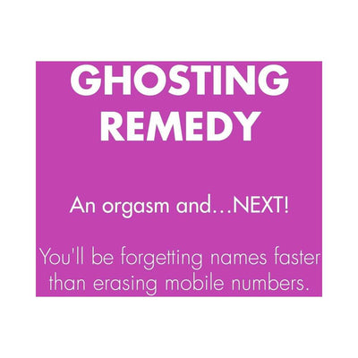 Purple graphic with white text promoting Ghosting Remedy balm for intense orgasms and quick moving on from past connections.