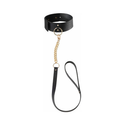Black vegan leather choker with gold chain and matching leash from Bijoux Indiscrets Maze Collection.