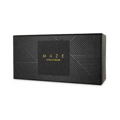 Black rectangular box with geometric line patterns and gold Maze by Bijoux Indiscrets logo on the front