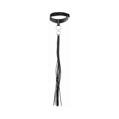 Black vegan leather choker with gold rings and long tassel detail from Bijoux Indiscrets Maze Collection.