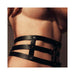 Close-up of a person wearing Bijoux Indiscrets Maze wide black vegan leather belt restraints around the waist.