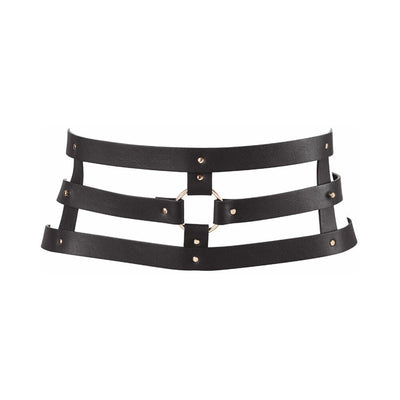 Black vegan leather wide belt with three horizontal straps and gold-tone metal ring detail at center front