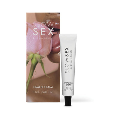 Bijoux Indiscrets Slow Sex Oral Sex Balm tube with packaging featuring a close-up of lips and a pink rose.