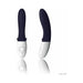 Deep blue and white ergonomic prostate massager with curved design and control buttons, shown from front and side views.