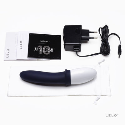 Billy 2 Deep Blue prostate massager with USB charger, satin storage pouch, and instruction manuals on white background.