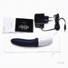 Billy 2 Deep Blue prostate massager with USB charger, satin storage pouch, and instruction manuals on white background.