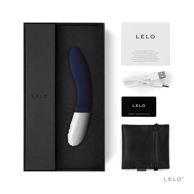 Billy 2 Deep Blue prostate massager with USB charging cable, warranty card, user manual, and black storage pouch in black box packaging.