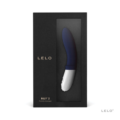 Billy 2 Deep Blue prostate massager in sleek black packaging with ergonomic curved design and white control base.
