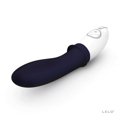 Deep blue ergonomic prostate massager with white control handle and multiple vibration settings by LELO.