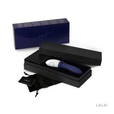 Billy 2 Deep Blue prostate massager in black box with satin pouch and warranty card, sleek ergonomic design by LELO.