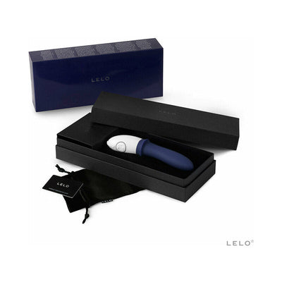 Billy 2 Deep Blue prostate massager in black gift box with satin pouch and USB charging cable by LELO.